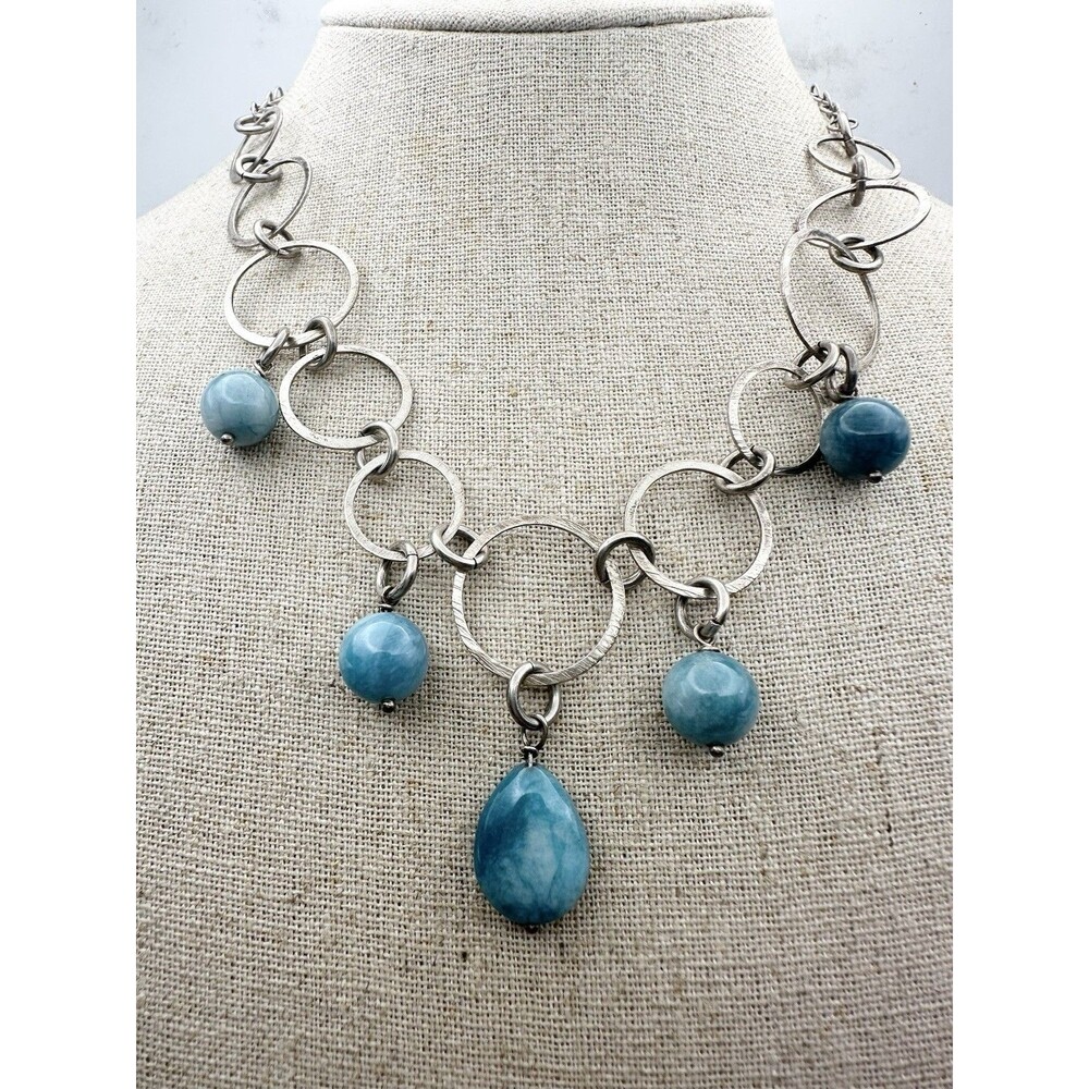 Designer 925 Sterling Silver Blue Gemstone Circle Link Necklace 16.5”